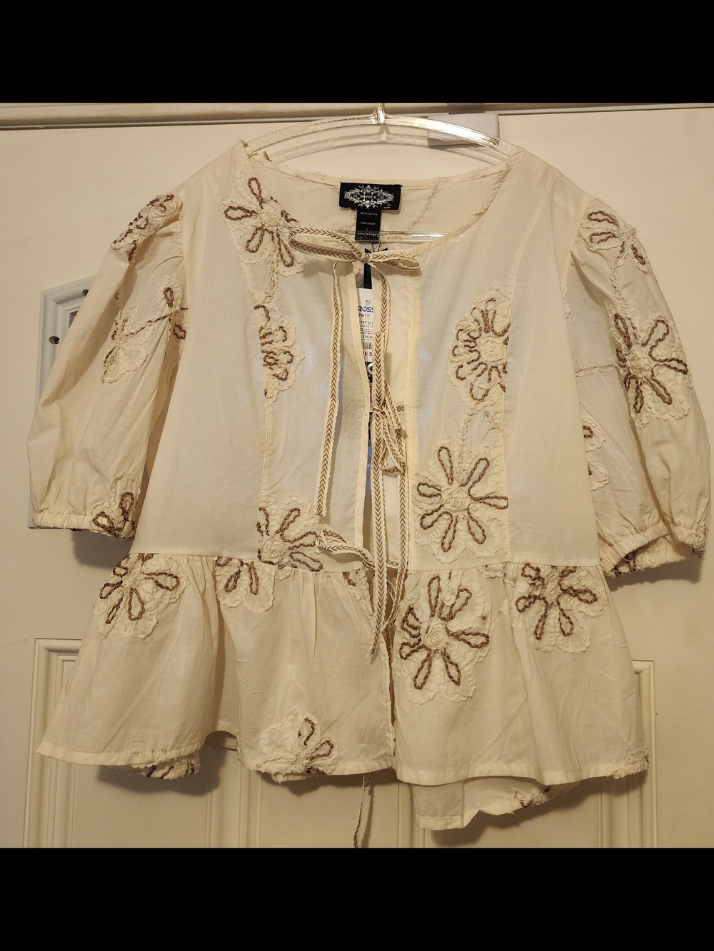Embroidered Cream Peasant Top with Tie Front